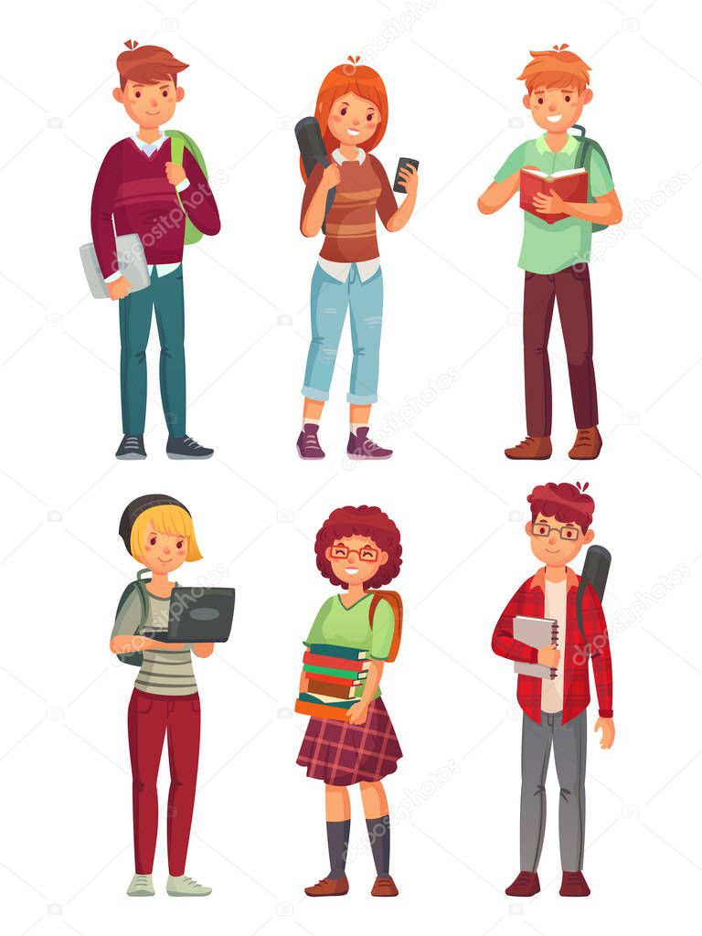 College students. University studying student, teenager studying english books and teenager with backpacks cartoon vector characters