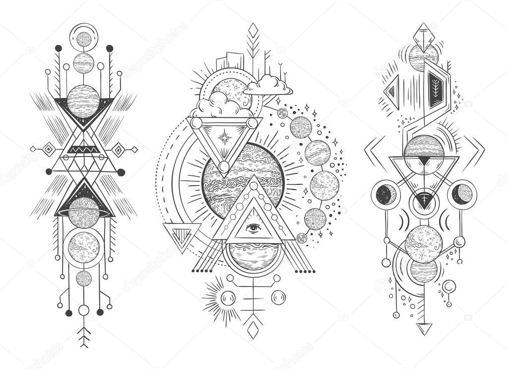 Solar system planet sketch. Parade of planets, moon phases and hand drawn astrology. Astrological tattoo vector illustration