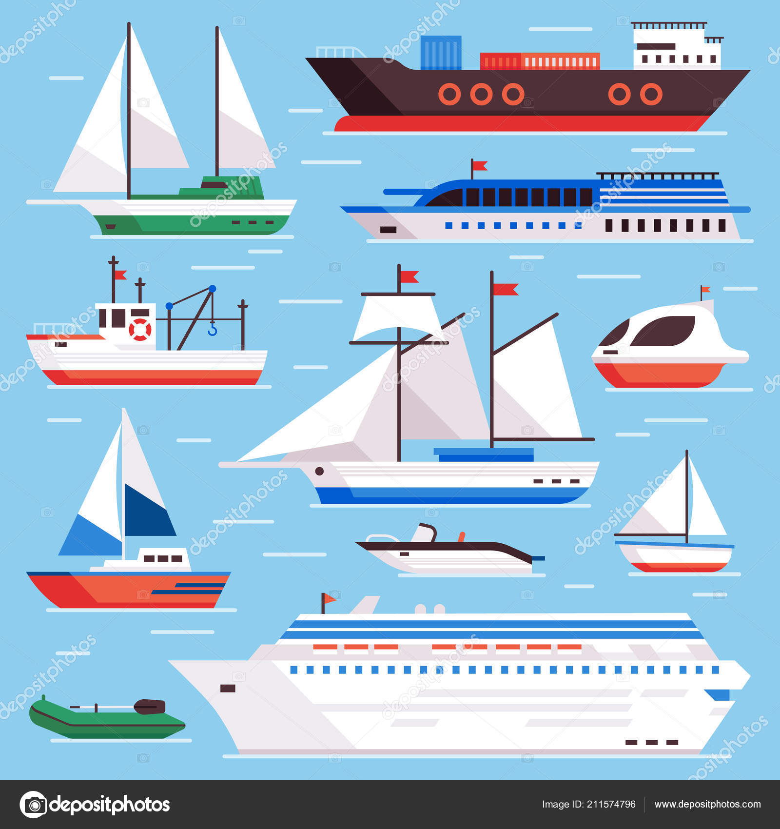 Flat sea ships. Marine shipping sailing boat, ocean cruise liner