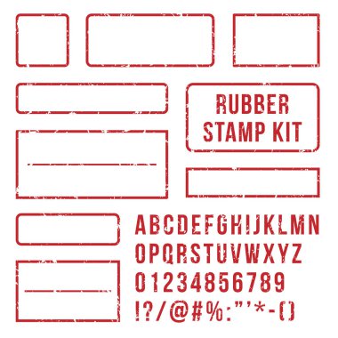Lastik damgası harfler. Kırmızı çerçeve ve Tipo sembolleri font sayılarla pullar. Kit vektör kümesi işaretler