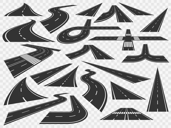 Route courbe en perspective. Courbes de courbure des autoroutes, asphalte courbé rural et tournants tournants tournants ensemble d'illustrations vectorielles — Image vectorielle