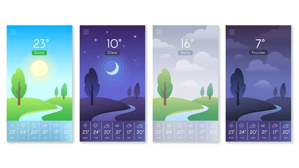 Landscape for weather app. Beautiful daytime sky with sun, moon and clouds. Morning and day background for mobile screen vector concept