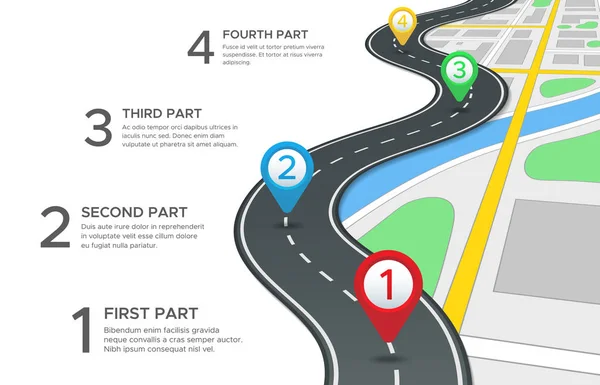 Infografica stradale autostradale. Strada strade mappa, gps percorso di navigazione e percorso città indicazioni pin segno 3d concetto vettoriale — Vettoriale Stock