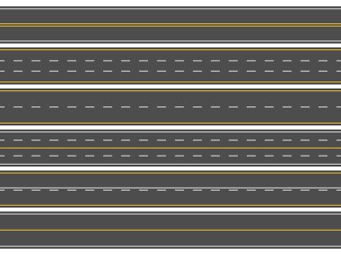 Otoban yol işaretleme. Vektör çizim seti yatay düz asfalt yollar, modern sokak karayolunda satırları veya boş otoyol işaretleri