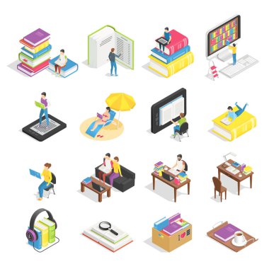 İzometrik kitap seti. Kitap okumak, ders kitapları için öğrenci öğrenme ve ebooks kutsal kişilerin resmi. Üniversite öğrencileri vektör çizim için ders kitabı