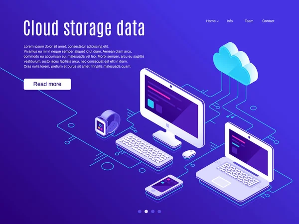 Página de destino de armazenamento em nuvem. Sincronização nuvens armazenamentos e dispositivos, backup de dados e sincronizar aplicativos ilustração vetorial —  Vetores de Stock