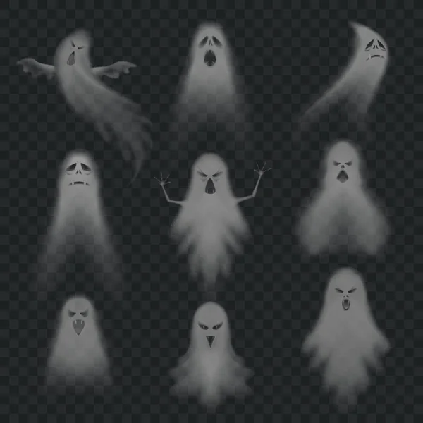 Realistiska ghost. Skrämmande halloween uppenbarelse ansikte, spöklik phantom flyga figur eller natt kuslig döda ghoul spöken vektor set — Stock vektor