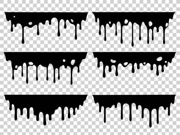 Dripping oil stain. Liquid ink, paint drip and drop of drippings stains. Black resin inked drops isolated vector silhouette set — Stock Vector