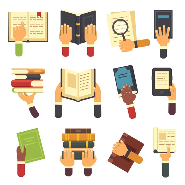 Manos con libros. Mantener el libro en la mano, la lectura de libros electrónicos y el lector de aprendizaje icono de libro de texto abierto. Lectura vector iconos conjunto — Vector de stock