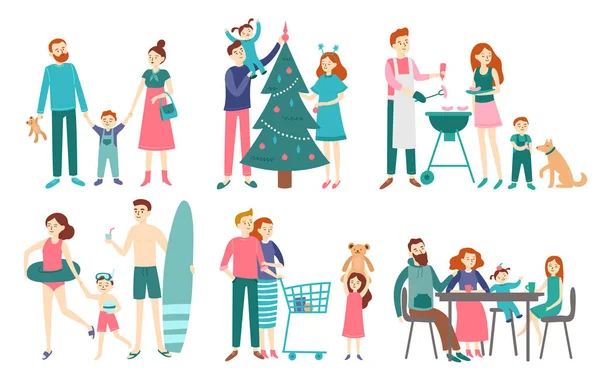 扁平的家庭人。父亲、母亲和孩子们一起庆祝圣诞节或在海滩上休息。夫妇与孩子在购物矢量集 — 图库矢量图片