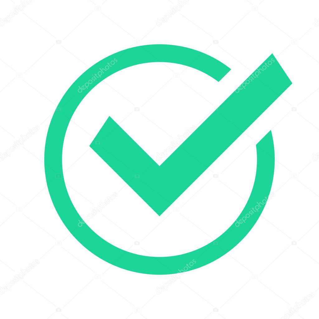 Green circle check mark. Confirmation tick okey marks, accepted marked agree pictogram success sign and positive checked confirm marking checks box for accepted checklist flat vector icon