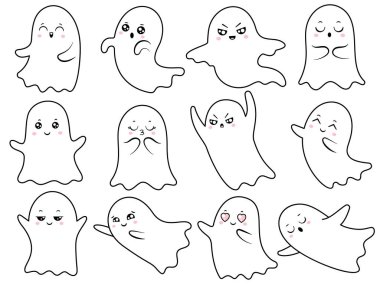 Şirin kawaii hayalet. Hayalet ve korkunç hayalet karakteri Boo yüz ile gülümseyen spooky halloween hayaletler çizgi film illüstrasyon vektör