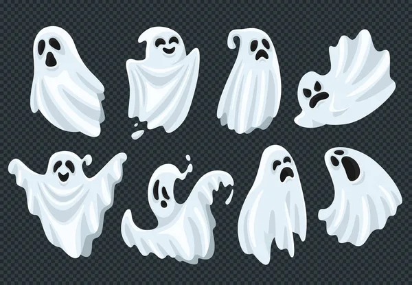 Spooky halloween ghost. Fly phantom spirit with scary face. Ghostly apparition in white fabric vector illustration set — Stock Vector