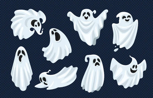 Caractère fantôme. Halloween effrayant monstre fantomatique, boo mort fantôme et effrayant mouche anima isolé jeu de vecteur de dessin animé — Image vectorielle