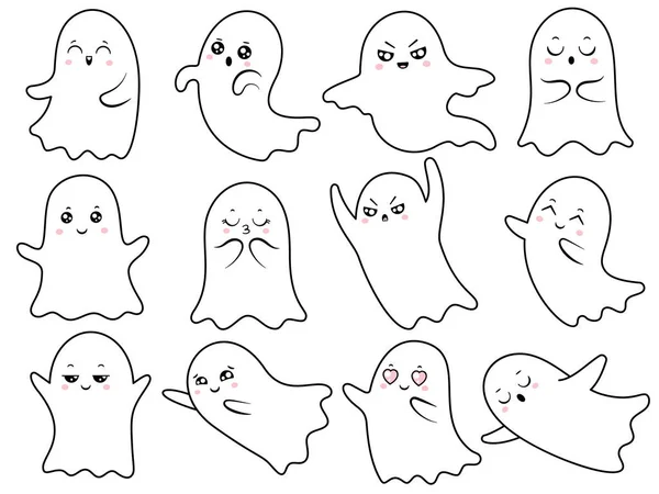 Симпатичный призрак Кавайи. Жуткие призраки Хэллоуина, улыбающийся призрак и страшный призрачный персонаж с векторной иллюстрацией — стоковый вектор