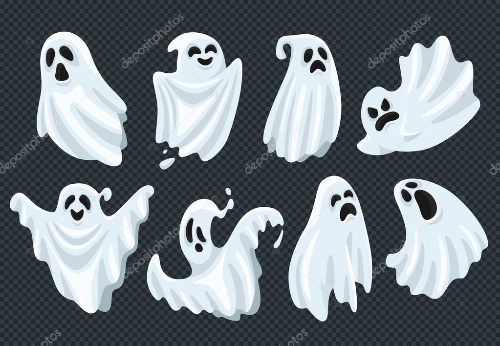 Spooky halloween ghost. Fly phantom spirit with scary face. Ghostly apparition in white fabric vector illustration set