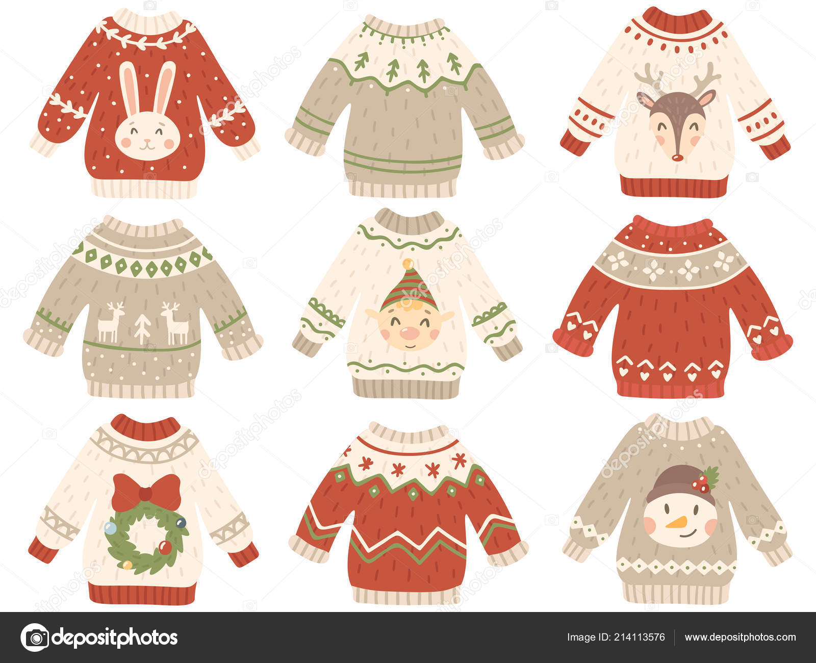 Vetorial, colorido, kawaii, suéter, bonito, roupa natal, personagem,  ilustração, isolado, branco, fundo, ano novo, ou, inverno, sorrindo,  pulôver, engraçado, desenho animado, feriado, ícone