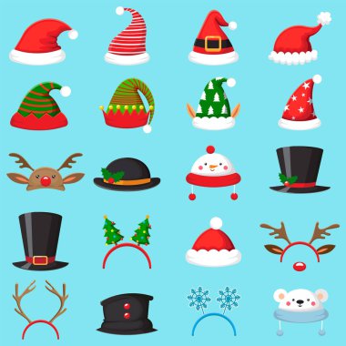 Karikatür Noel şapka. Xmas farklı şapkalar, kış maskesi maskeleri. Elfler kulaklar, geyik boynuzları ve kardan adam maske vektör set