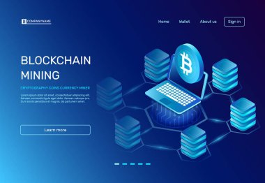 Blockchain incelemesi. Şifreleme sikke para birimi madenci blockchain bitcoin ağa bağlı dizüstü bilgisayarda. E ticaret vektör çizim