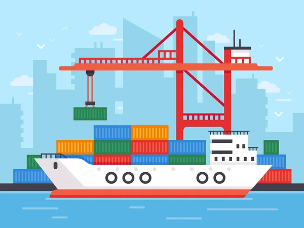 Flache Frachtschiff in Docks. Hafenkran des Schifffahrtshafens Verladung von Containern auf Seefrachtschiffe Vektor Illustration — Stockvektor