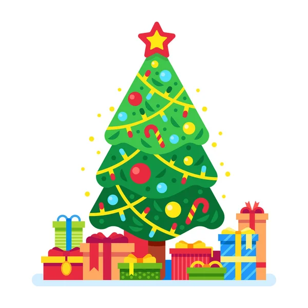Karácsonyfa és díszdobozok. Xmas jelen zöld fenyők, ajándék doboz szalaggal. Üdülés ajándékok vektor lapos illusztráció — Stock Vector