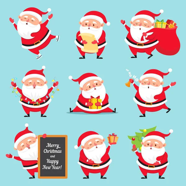 Santa Claus de dibujos animados. Personaje de tarjeta de felicitación navideña. Funny vacaciones de invierno caracteres plana vector conjunto — Vector de stock