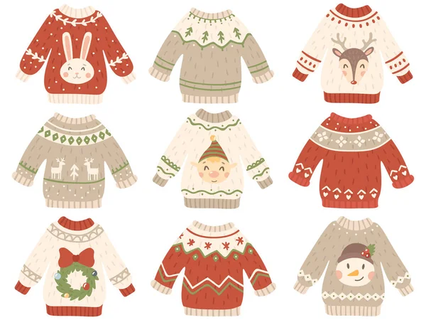 Roztomilý vánoční svetr. Vánoce ošklivé svetr s legrační sněhulák, Santa pomocníci a Santa vousy. Zimní módní nevkusné svetry vektorové sada — Stockový vektor