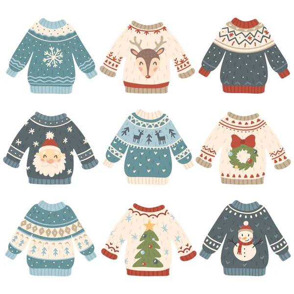 Csúnya karácsony pulóverek. Rajzfilm aranyos gyapjú jumper. Kötött téli ünnepek pulóver vicces hóember, Mikulás és a karácsony fa vektor készlet — Stock Vector