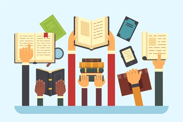 Livros nas mãos. A ler o livro da biblioteca. Manual de mão, leitura e educação ilustração vetorial plana —  Vetores de Stock
