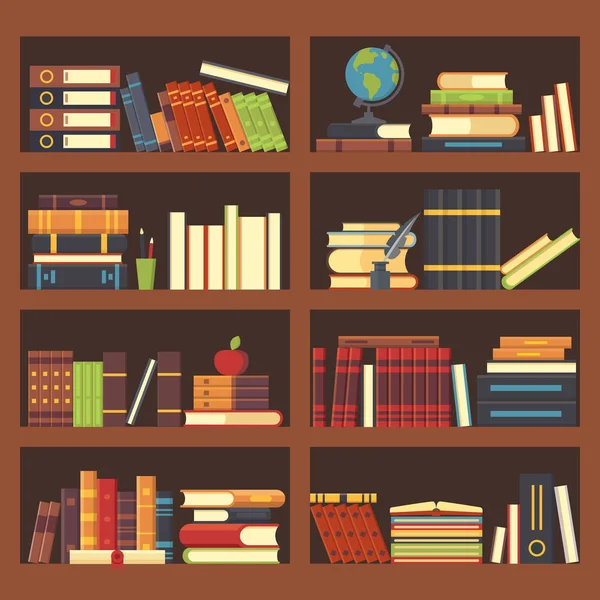 Boeken in de boekenkast van de bibliotheek. Encyclopedie boek bij boekenplank. Stapel boeken en tijdschriften op achtergrond vectorillustratie boekenkasten — Stockvector