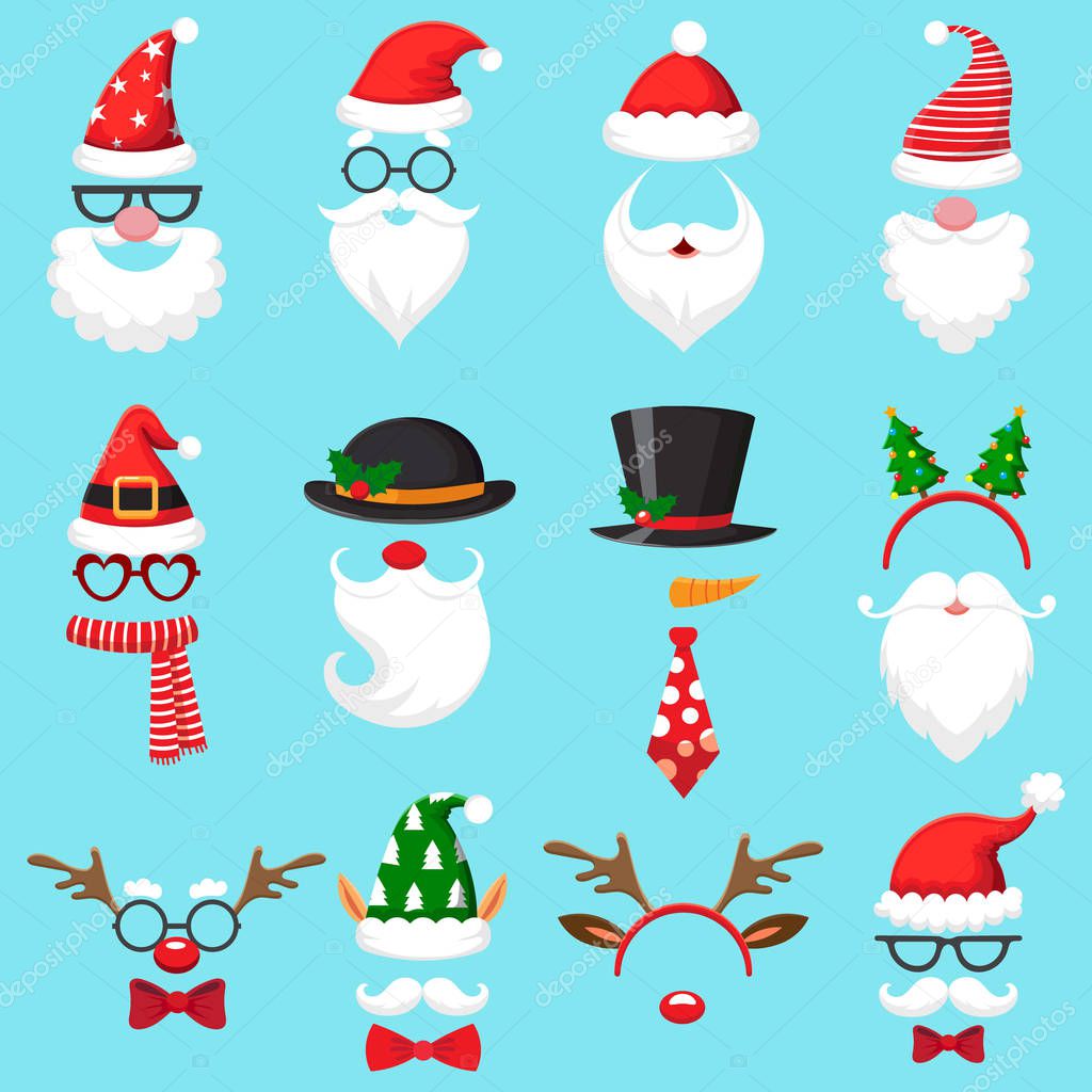 Christmas cartoon hats. Xmas santa hat, elf cap and reindeer photo mask. Santas beard and mustaches vector set