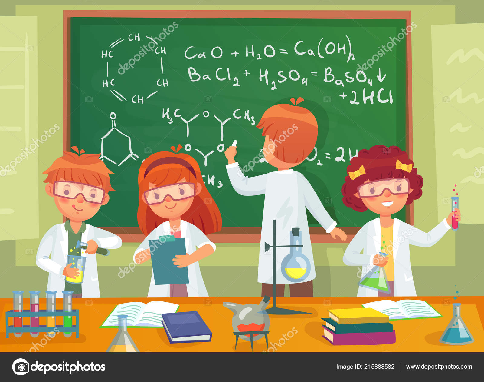 School kids study chemistry. Children pupils studying science and writing  at laboratory class blackboard cartoon vector illustration Stock Vector  Image by ©.com #215888582