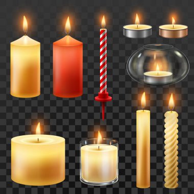 Mum ateşi. Mum xmas parti, romantik ısı mum ışığı ve alevli gece lambası izole vektör simgesi