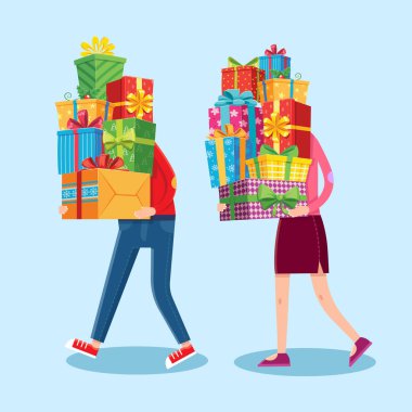 Hediyeler yığın taşırlar. Noel taşıyan hediyeler erkek ve kadın karakter elinde yığılmış. Ağır hediye kazık vektör karikatür çizim