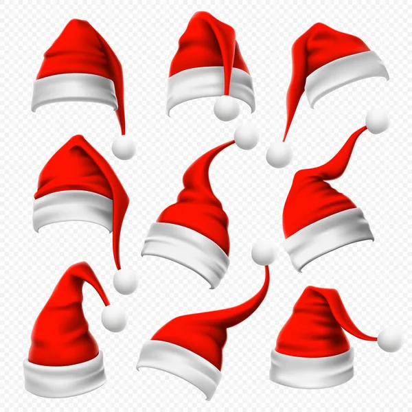 Noel Baba şapkaları. Christmas kırmızı şapka, xmas tüylü headdress ve kış tatil baş dekorasyon 3d vektör set giymek — Stok Vektör