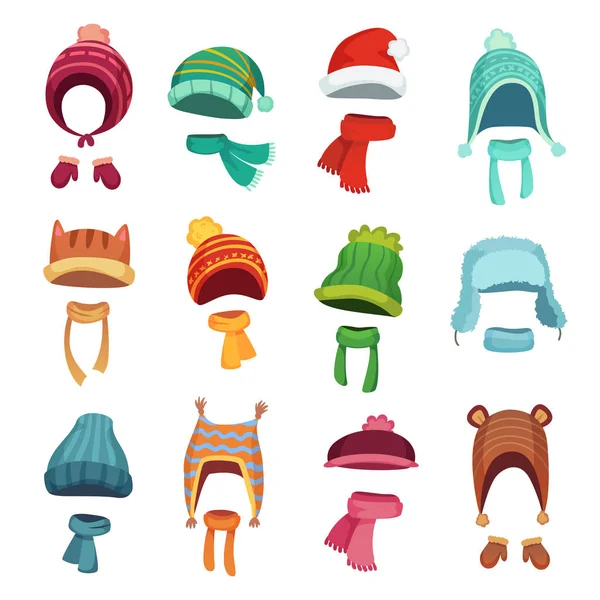 Chapeau enfant hiver. Chapeaux et foulards chauds pour enfants. Casques et accessoires pour garçons et filles jeu vectoriel de dessin animé — Image vectorielle