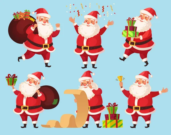 Natale Santa personaggio dei cartoni animati. Babbo Natale divertente con regali di Natale, set illustrazione vettoriale personaggi delle vacanze invernali — Vettoriale Stock