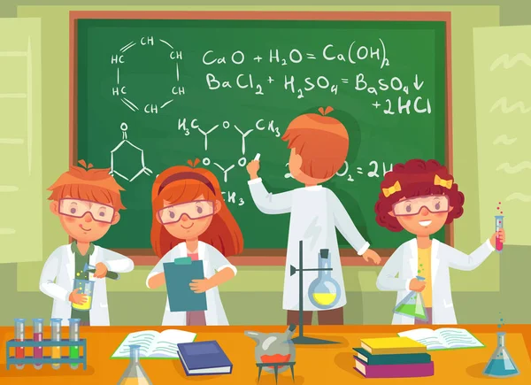 Los escolares estudian química. Niños alumnos estudiando ciencias y escritura en clase de laboratorio pizarra ilustración vectorial de dibujos animados — Vector de stock