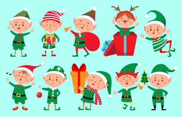 Personaje elfo de Navidad. Santa Claus ayudantes de dibujos animados, lindo enano elfos divertidos personajes vector aislado — Vector de stock