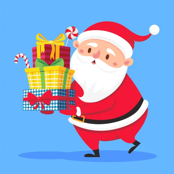 Санта Клаус носит стопку подарков. Рождественская подарочная коробка с руками. Тяжелые зимние праздники представляют собой векторную иллюстрацию — стоковый вектор