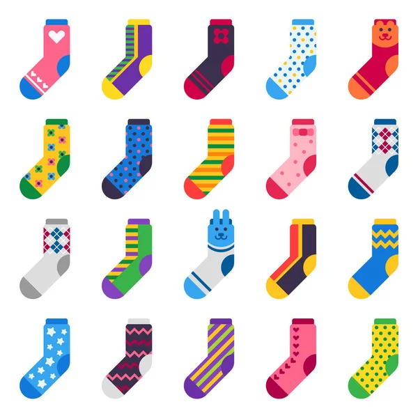 Sock icon. Sport long socks, kids feet clothes and striped warm hosiery isolated vector flat set — Stock Vector