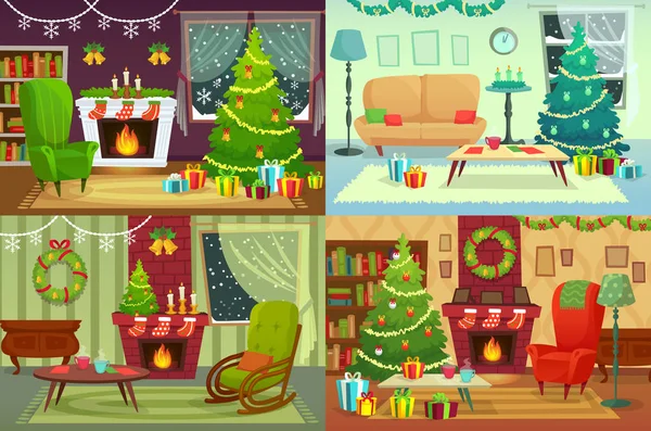圣诞房内饰。圣诞节家庭装饰, 圣诞老人礼物在传统树和冬天假日房子内部向量例证 — 图库矢量图片