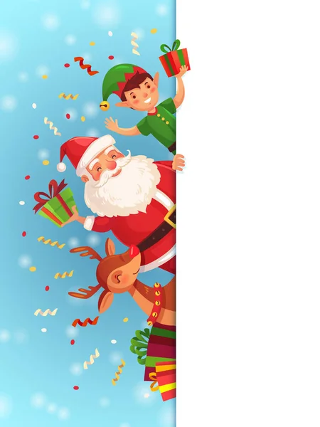 Personnages de dessins animés de Noël. Père Noël, personnage elfe de Noël et renne avec nez rouge panneau latéral arrière-plan vectoriel — Image vectorielle