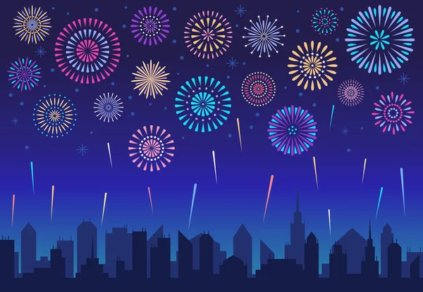 Night City Fireworks Holiday Feast Celebration Firework Celebrated Festive Firecracker — Stock Vector