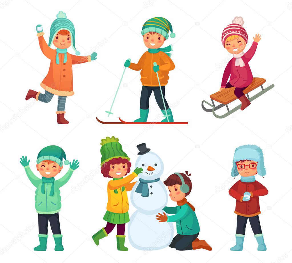 Cartoon winter kids. Children play in winters holiday, sledding and making snowman. Childrens characters vector set