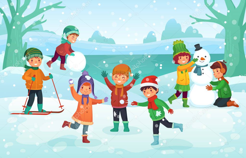 Winter fun for kids. Happy cute children playing outdoors in winters hats. Christmas winter holiday cartoon vector illustration