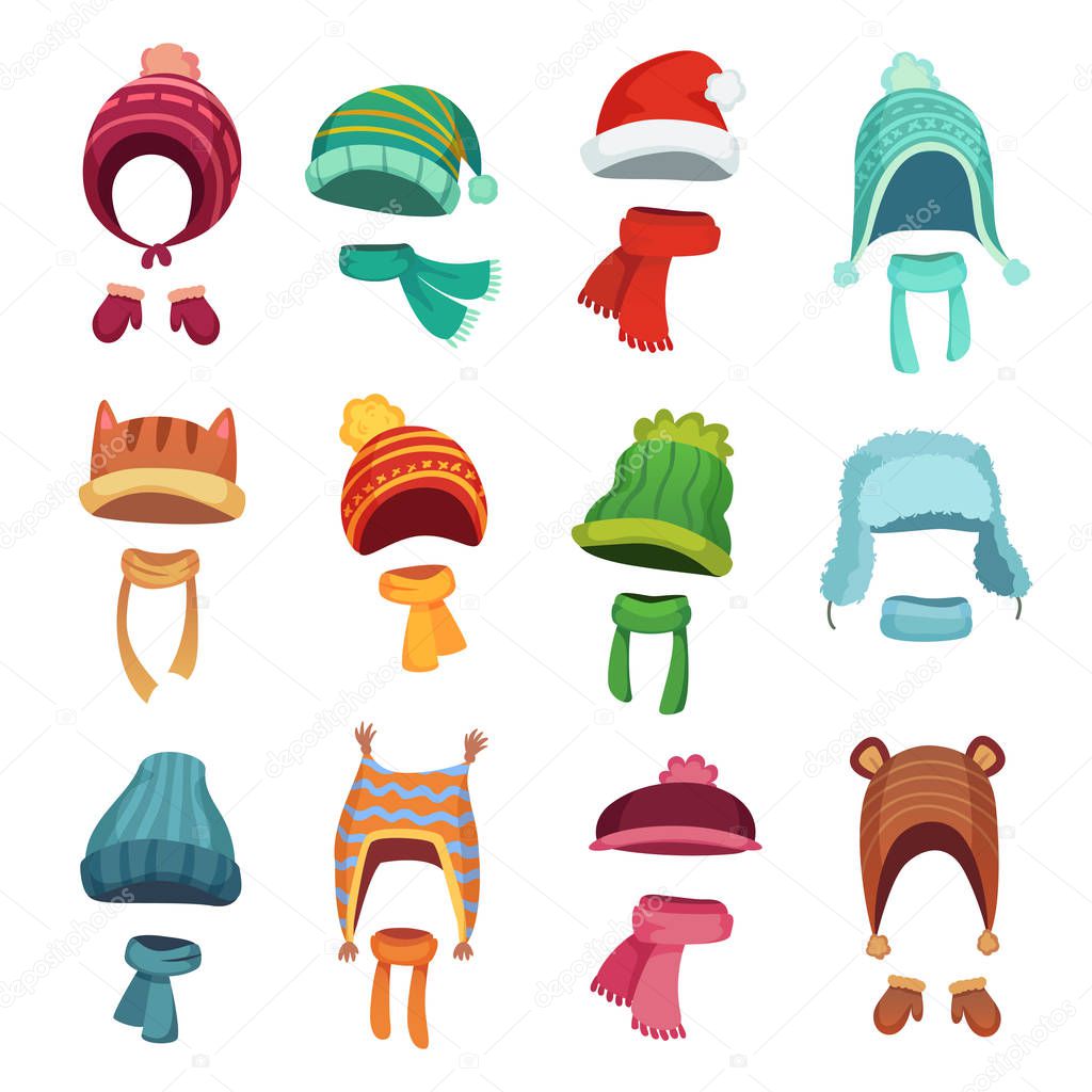 Winter kids hat. Warm childrens hats and scarves. Headwear and accessories for boys and girls cartoon vector set