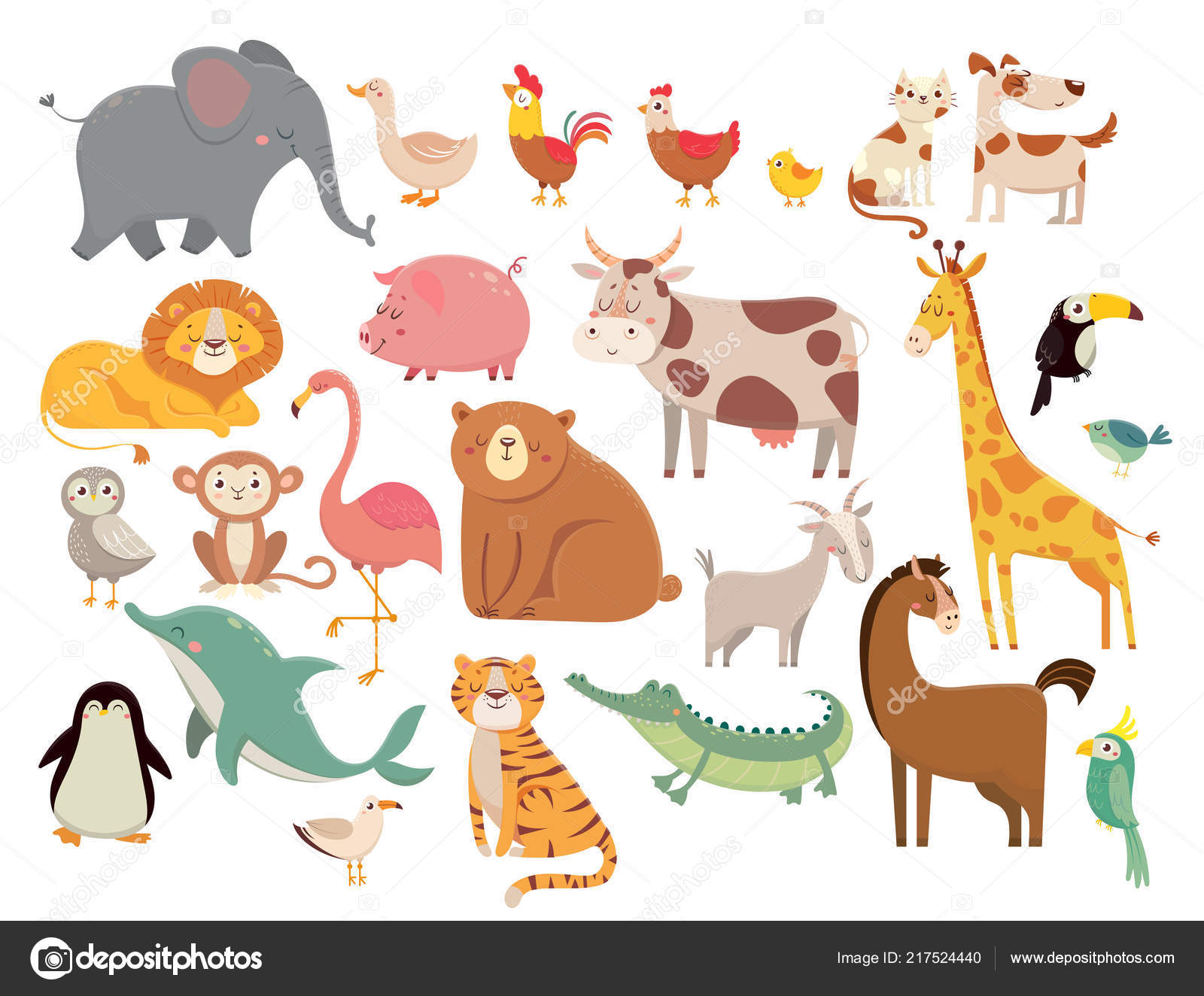 Cartoon animals. Cute elephant and lion, giraffe and crocodile, cow and  chicken, dog and cat. Farm and savanna animals vector set Stock Vector  Image by ©.com #217524440