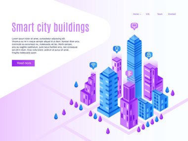 Akıllı şehir binaları. Açılış sayfası, fütüristik cityscape ve akıllı kasaba kentsel. Yüksek teknoloji vektör izometrik çizim oluşturma