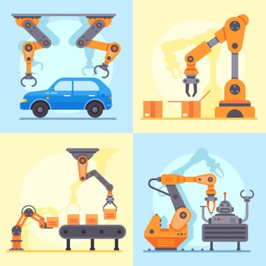 Düz endüstriyel fabrika konveyör. Mekanik kol yönetim imalat ve otomasyon için robot savaş silahları illüstrasyon vektör